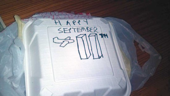 A takeout food box received by a Texas-area Muslim man, containing a cartoon referencing September 11th.