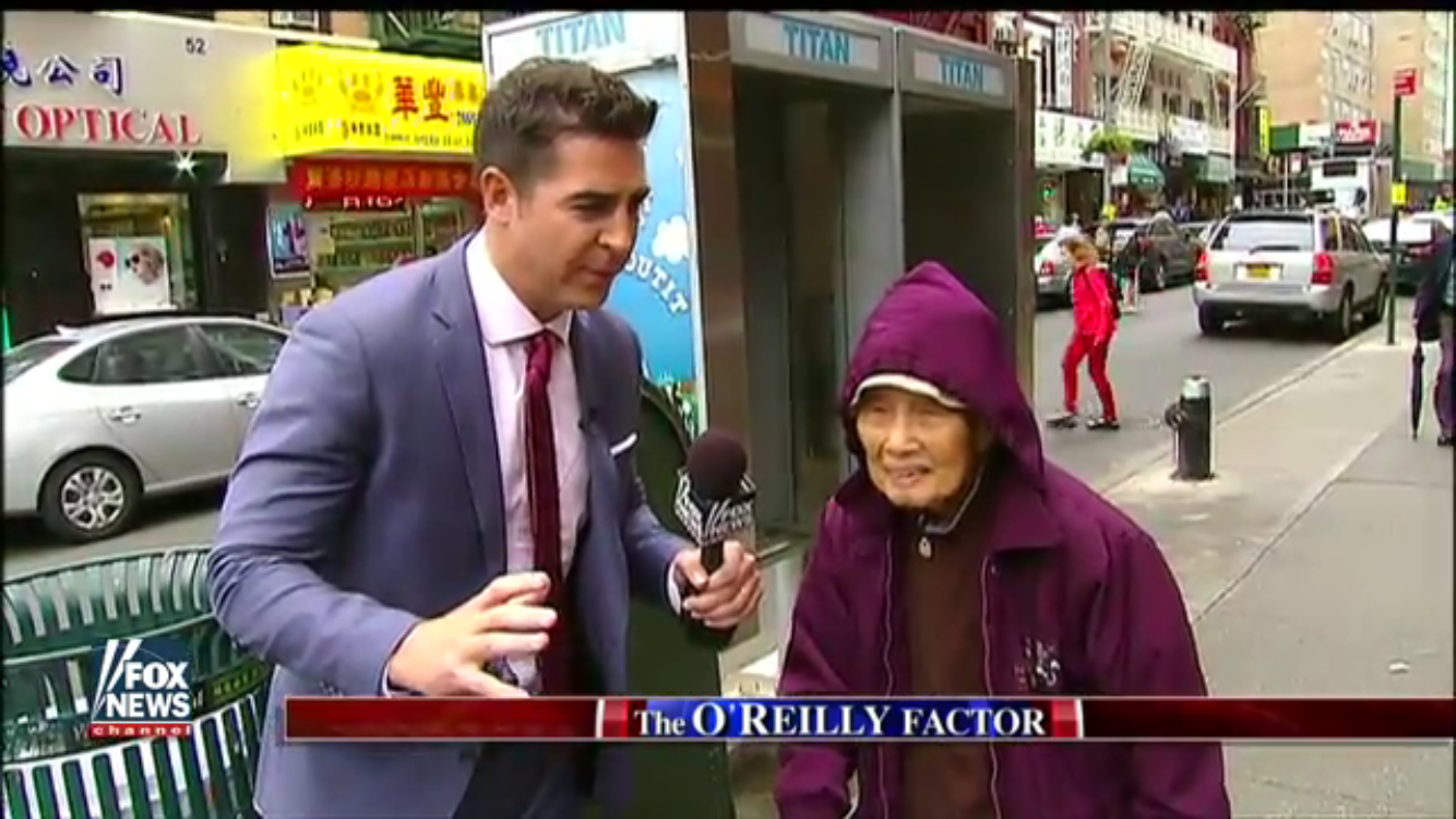 Jesse Watters interviews people in NYC's Chinatown during a segment that aired on October 3, 2016. (Photo credit: Fox News)