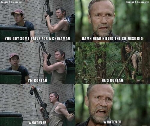 The exchange between Daryl and Merle over Glenn's race in Season 3 Episode 10 hearkens back to a similar exchange between Daryl and Glenn in the first season.