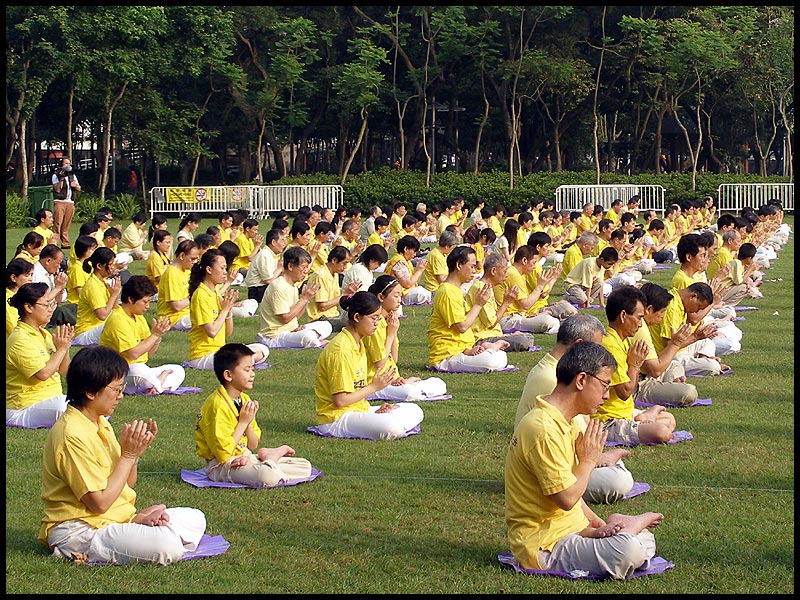 Practitioners of Falun Gong, a spiritual and meditative philosophy, in Hong Kong. Falun Gong members have been targeted by the Chinese government for staging peaceful protests critical of state policy.
