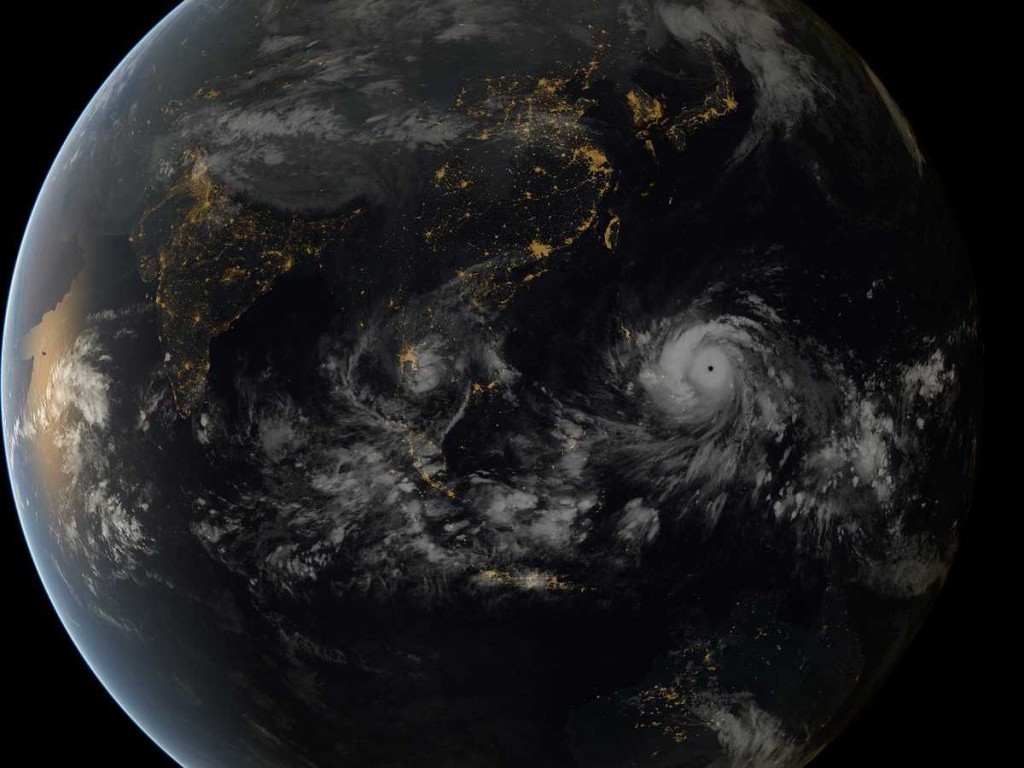 A satellite image of Haiyan as it makes landfall off the Philippines yesterday.