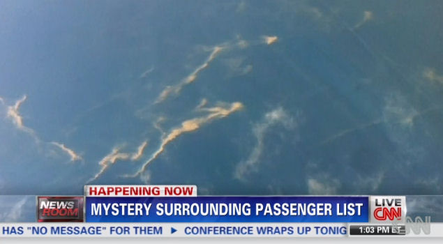 Screen capture from CNN of oil slick that may serve as a clue to the whereabouts of Flight MH370.