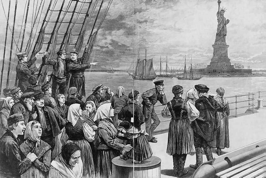 Irish American immigrants arrive by boat to Ellis Island off of New York City in the 19th century.