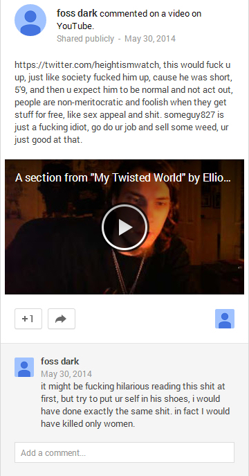 Screen capture from Foss Dark's Google+ account, where he threatens to target women. 