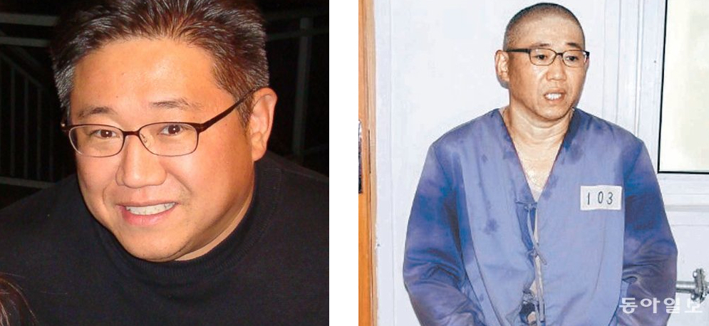 Kenneth Bae before his imprisonment (left) and after a year in a North Korean labour camp where he is being held captive as a political prisoner (right). 
