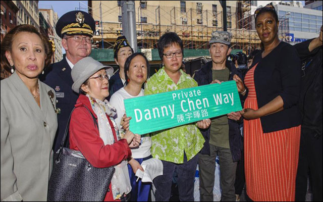 Chen's mother, Su Zhen Chen, at the recent re-naming ceremony in NYC's Chinatown, honouring her son, Pvt. Danny Chen. (Photo credit: Jeff Bachner / Daily News)