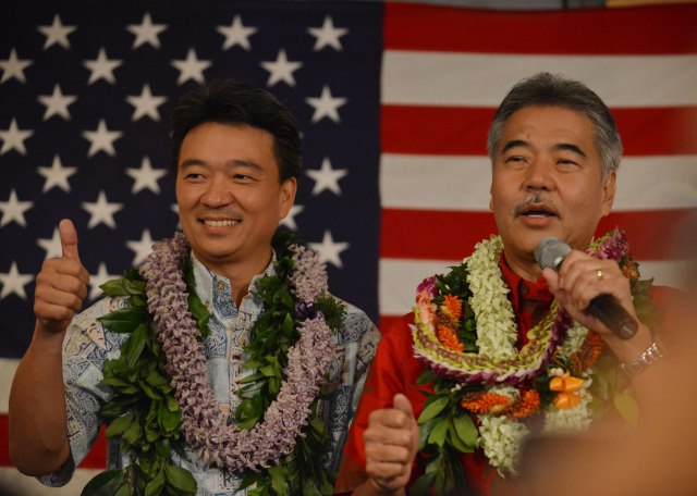 Governor-elect David Ige greets supporters last night with Lt. Governor-elect Shan Tsutsui. (Photo credit: Civil Beat / Cory Lum)