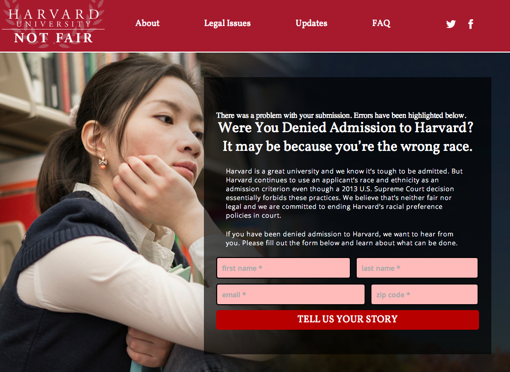 A screenshot of a website set up by conservative anti-affirmative action lobbyist Edward Blum last year to recruit potential Asian American plantiffs in a new lawsuit challenging affirmative action policies.