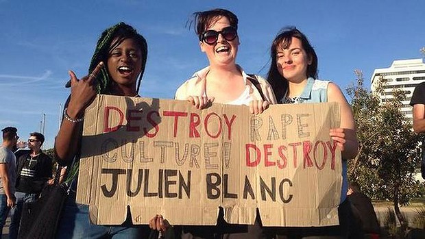 Australian protesters speak out against Julien Blanc.