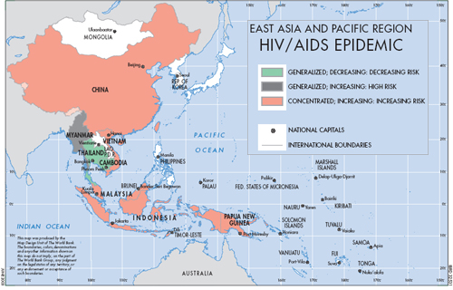 In the 1990's, the World Bank prioritized fighting the  HIV/AIDS epidemic throughout parts of East Asia. This is a graphic they generated to visualize the disease in the region.