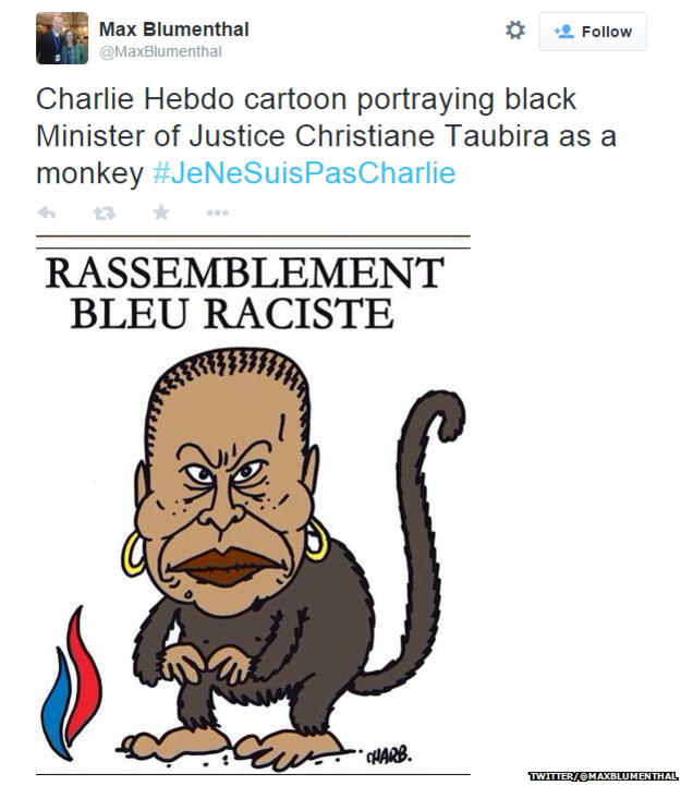 A recent cartoon published in the Charlie Hebdo magazine depicting Minister of Justice Christiane Taubira, a Black woman, as a monkey.