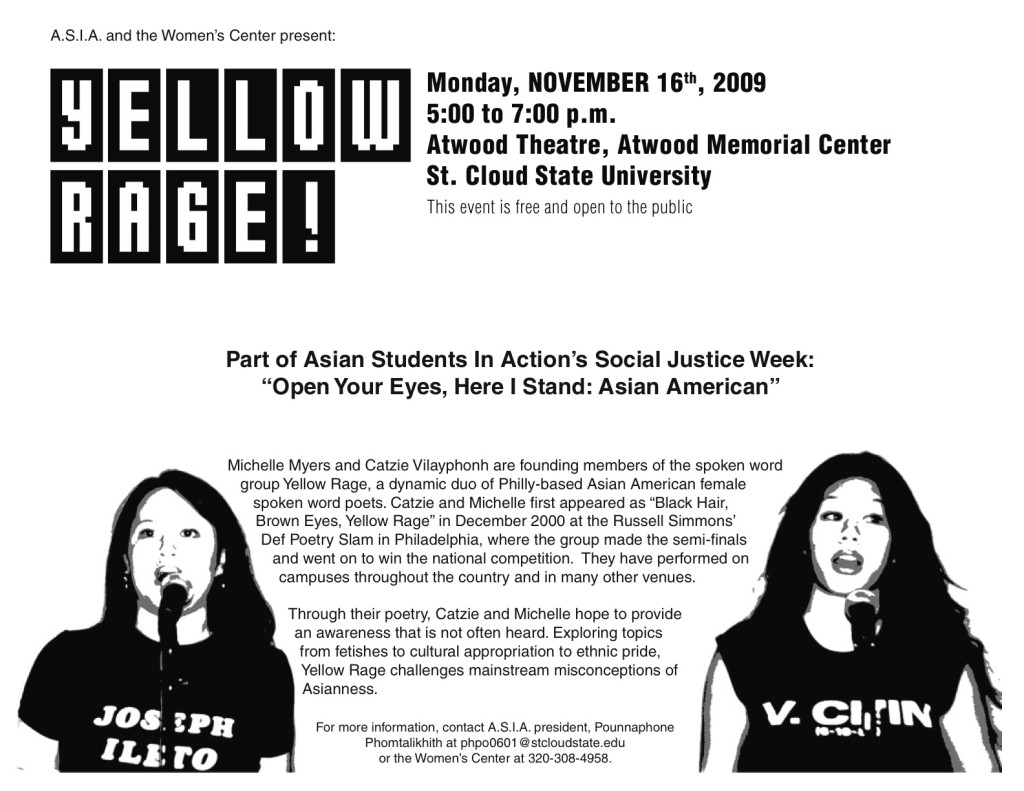 A poster advertising an event featuring the spoken word group, Yellow Rage.