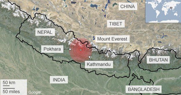 Infographic depicting the Nepal earthquake's epicentre, 50 miles northwest of Kathmandu. Infographic credit: BBC.