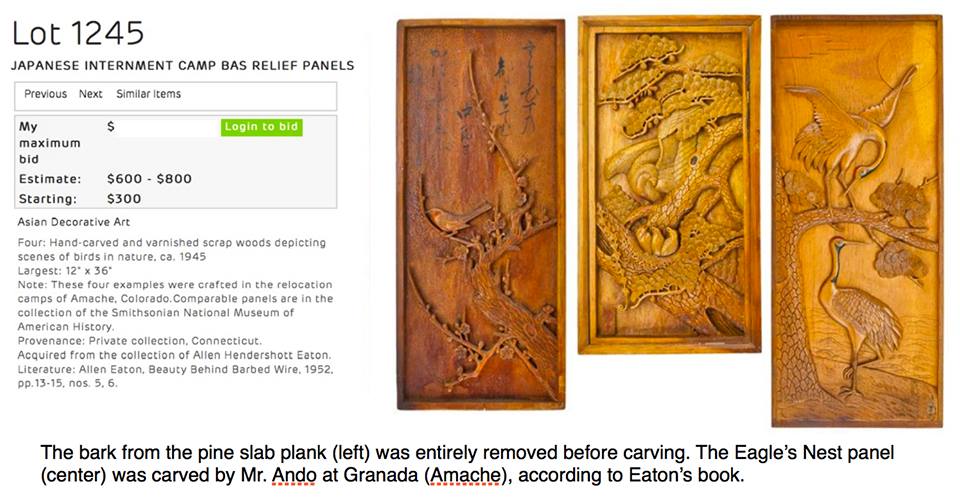 A collection of wood carvings are being sold. These carvings were described in Eaton's book on Japanese American incarceration, where Eaton said they were carved using makeshift tools and waste metals, since carving tools were prohibited in the camps.