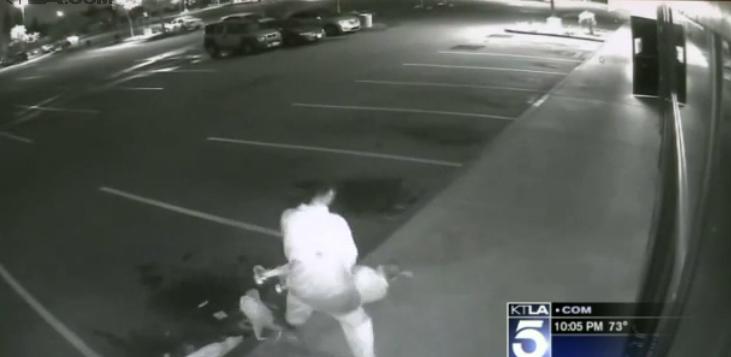 Screen capture from the surveillance footage of the Friday morning assault released to the public by Santa Ana police. (Photo credit: KTLA)