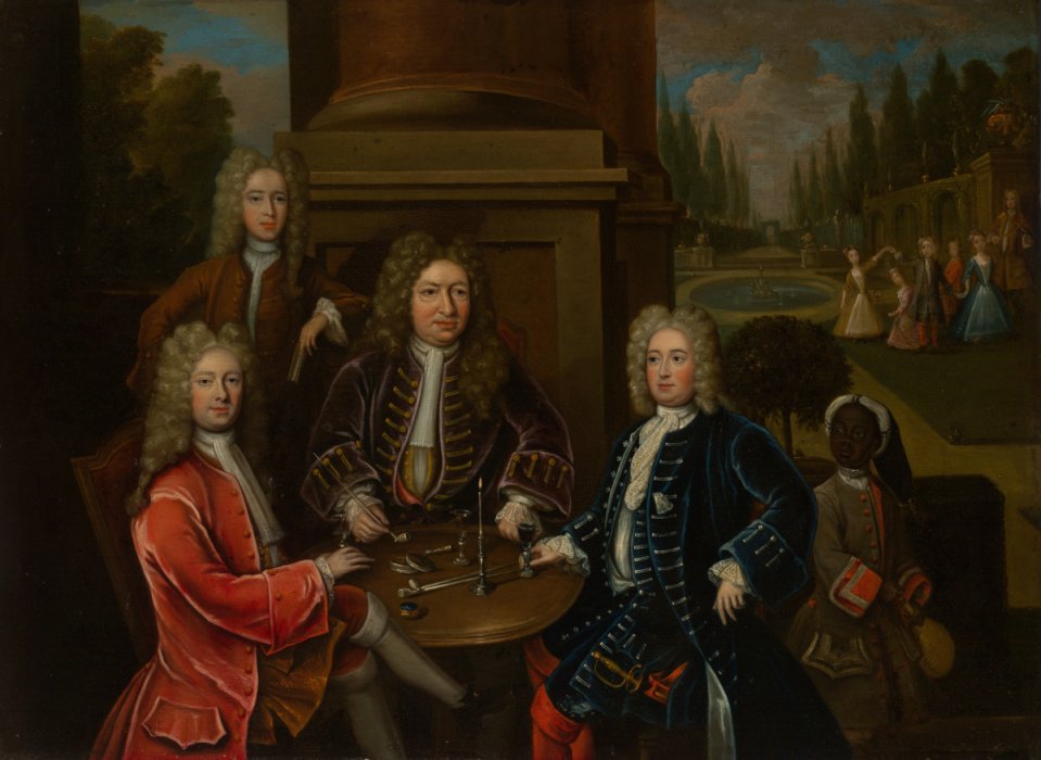 Portrait of Elihu Yale and others, which depicts the group of White men being served by a collared Black boy.