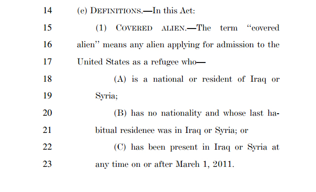 An excerpt from HR.4038, showing how the bill is intended to specifically target Syrian and Iraqi refugees.