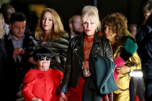 Janette Tough (front left) appears in costume as character Huki Muki, a male Japanese fashion designer, in the upcoming "Absolutely Fabulous" film.