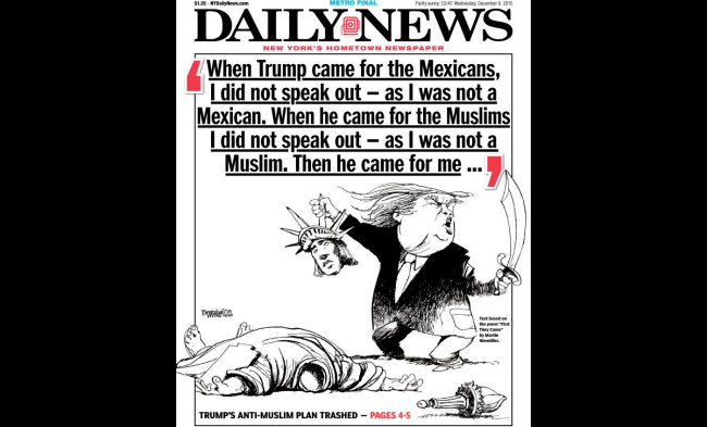 The December 9th cover of the New York Daily News, depicting Donald Trump beheading the Statue of Liberty. (Photo credit: NY Daily News)