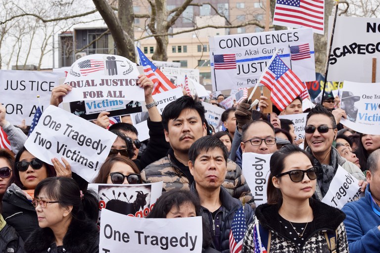 Protesters congregate in protest of the manslaughter conviction of former NYPD police officer Peter Liang in the shooting death of Akai Gurley. (Photo Credit: Twitter / Phoenix Tso).
