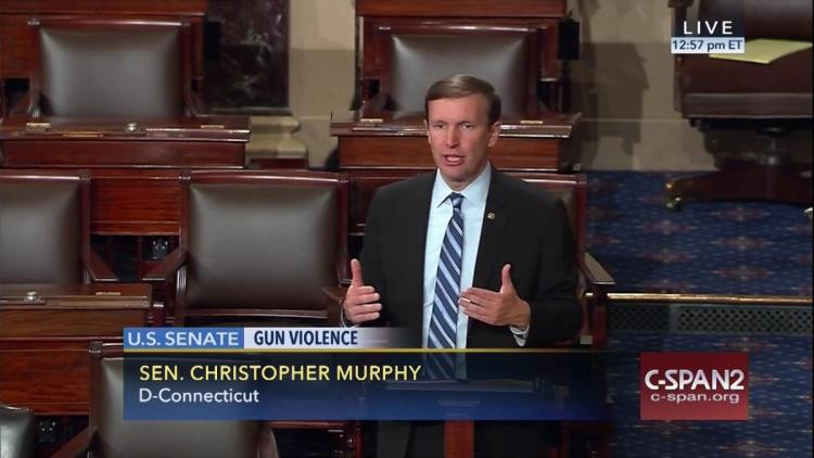 Senator Chris Murphy on the floor of the Senate during his marathon 15-hour filibuster last week demanding that Congress pass a gun control bill in the wake of the Orlando shooting. (Photo Credit: C-SPAN)