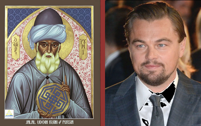 A painting of Rumi (left) and Leonardo DiCaprio (right).