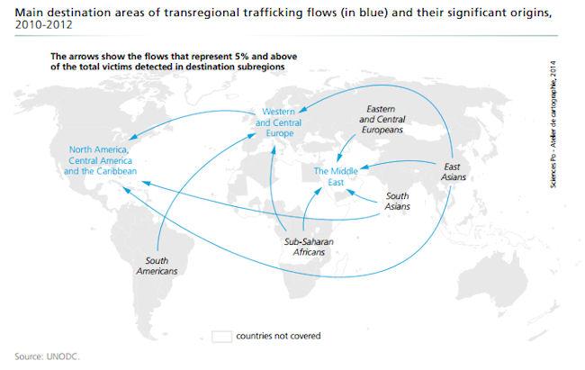 Map of inter-regional human trafficking flows, worldwide. (Photo Credit: United Nations Office of Drug and Crime)
