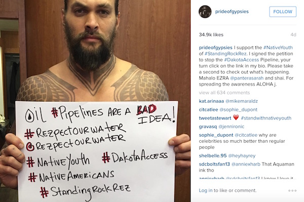 Jason Momoa posted a selfie to social media in support of the Standing Rock Sioux and against the Dakota Pipeline in May 2016. (Photo credit: Jason Momoa / Instagram)