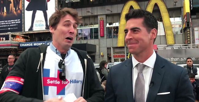 The exact moment when Jesse Watters realized what it feels like to be duped into looking like a jackass by an ambush prankster with a video camera. (Photo credit: Selvig / Stiefler / YouTube)
