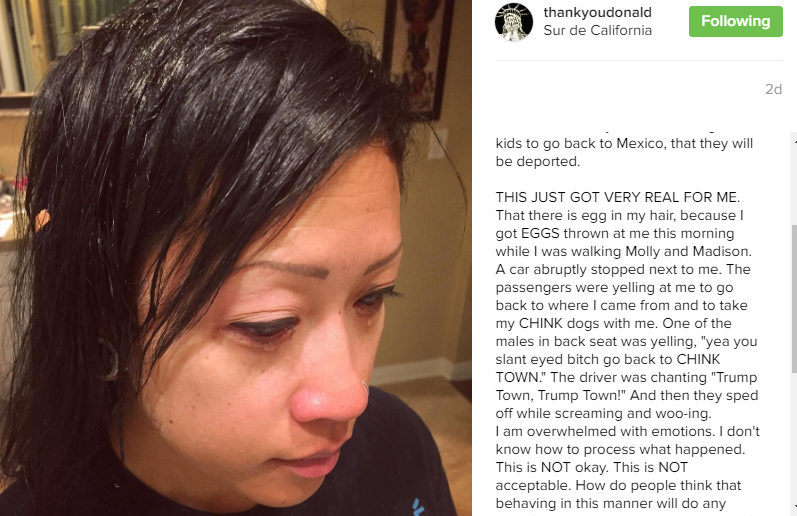 An image posted to social media of an Asian American woman in tears after being the victim of an egg-throwing hate-related attack by #EmboldenedRacists late last week. (Photo credit: Instagram)