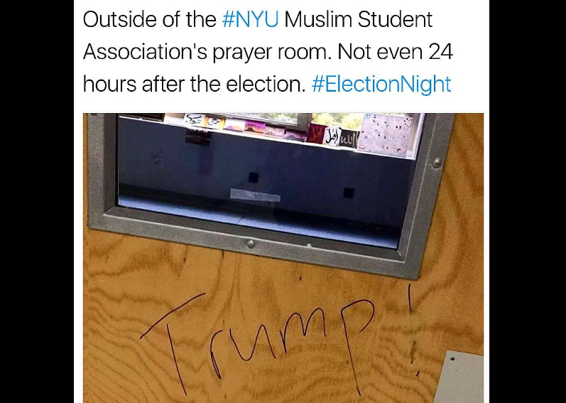 Graffiti defacing the Muslim prayer room at NYU, found on November 9th. (Photo credit: Twitter / via Instagram and Thank You Donald)