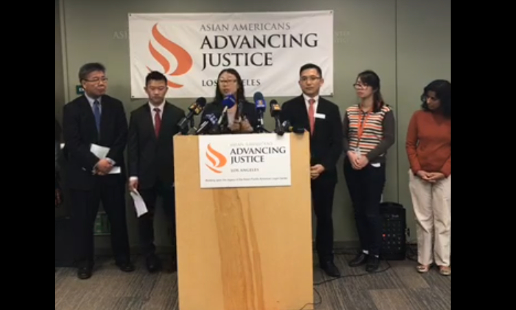 Nicole Gon Ochi, Supervising Attorney of Advancing Justice - LA, speaks at a press conference on December 13, 2016. (Photo credit: Facebook / AAAJ-LA)