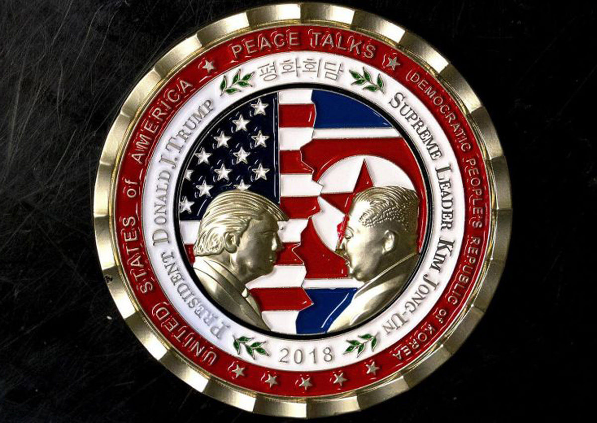 A commemorative coin issued to mark today's summit between US president Donald Trump and North Korean leader Kim Jong-Un.